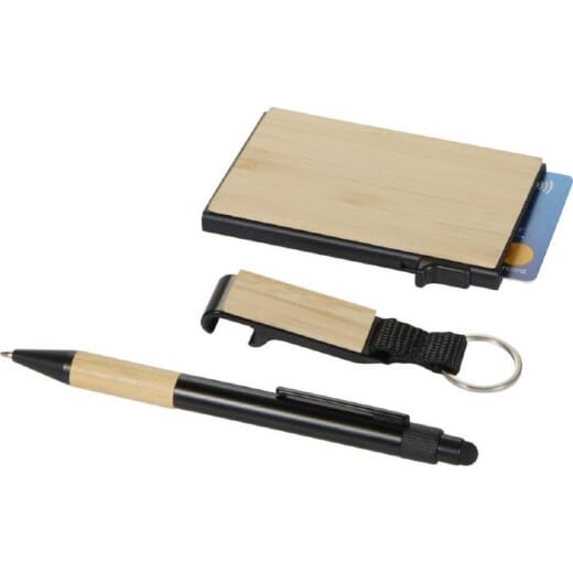 Set regalo con penna a sfera, portachiavi e portacarte RFID MINKA