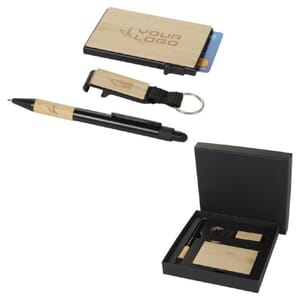 Set regalo con penna a sfera, portachiavi e portacarte RFID MINKA