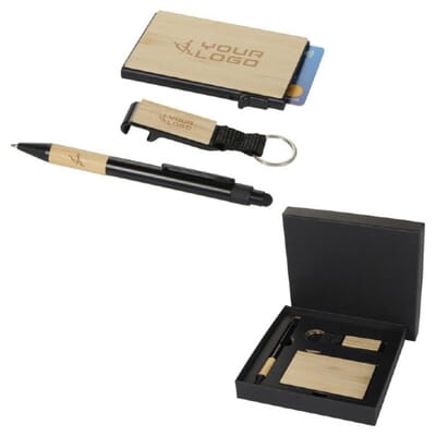 Set regalo con penna a sfera, portachiavi e portacarte RFID MINKA